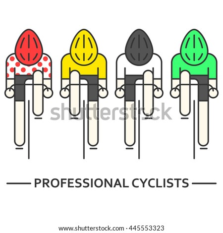 Modern Illustration of cyclists. Flat bicyclists in yellow, green, white and red polka dot jersey isolated on white. Cycling logo, icon concept. Bicycle racers made in trendy thin line style vector