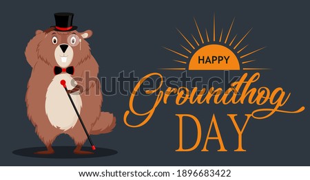 Happy Groundhog Day. Banner with the image of a funny elegant groundhog in a suit. Vector illustration isolated on a dark background.