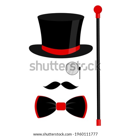 Black top hat, bow tie, monocle, and mustache. Fashionable vector illustration on white background for gift card, certificate, banner, logo.