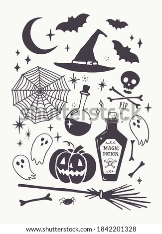 Halloween Vector Set. Hand Drawn Vintage Illustration with Funny Pumpkin, Magic Potion Bottle, Scull, Spider Web, Bones, Witch Hat, Broomstick, Scary Ghost and Bats. Isolated on a Off-White Background