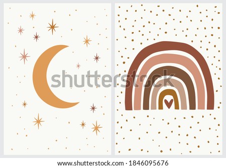 Scandinavian Style Kids Room Decoration. Cute Hand Drawn Moon and Rainbow Nursery Wall Art for Baby Boy And Baby Girl. Vector Twin Illustration Set Ideal for Cards, Invitations, Posters.