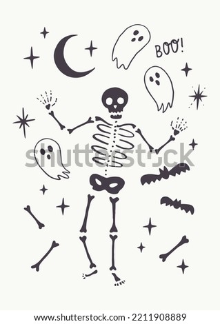 Vintage Halloween Vector Illustration with Dancing Skeleton Surrounded by Bones, Moon, Stars and Bats. Isolated on Off White Background. Hand Drawn Simple Design. Great for Posters, Cards or Wall Art.