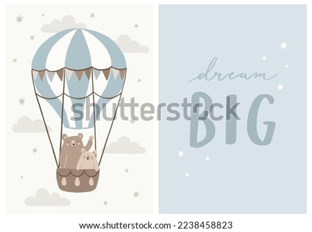 Hand Drawn Set In Blue Color With Cute Bears Flying In Hot Air Balloon And Inspirational Quote ”Dream Big” Hand Lettering Graphic. Ideal For Nursery Wall Art.