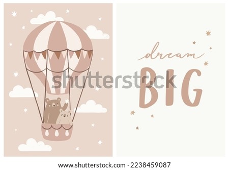 Hand Drawn Set In Neutral Colors With Cute Bears Flying In Hot Air Balloon And Inspirational Quote ”Dream Big” Hand Lettering Graphic. Ideal For Nursery Wall Art.