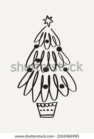 Cheerful Christmas Tree Doodle Drawing. Simple Linear Vector Illustration on Off-White Background. Perfect for Holiday Cards.