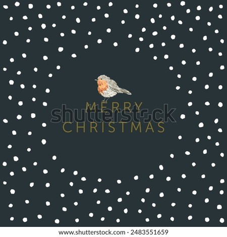 Christmas greeting card with robin bird, snow, black night background. Vector illustration. Forest nature. Poster design template. Winter Xmas holidays