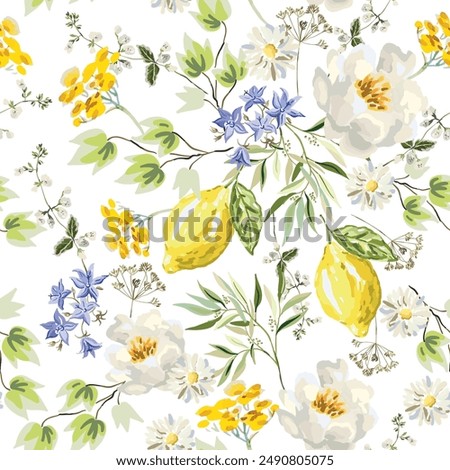 Peony, yellow flowers, lemon fruits green leaves, white background. Vector floral illustration. Seamless pattern. Summer plants. Botanical design