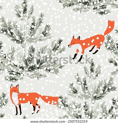 Christmas seamless pattern, red fox animals, pine trees, snow, light gray background. Vector illustration. Nature design. Season greeting. Winter Xmas holidays