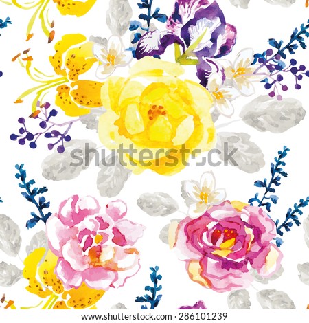Yellow and lilac flowers with gray leaves and floral elements on the white background. Watercolor seamless pattern with summer flowers. Roses, irises and lilies.