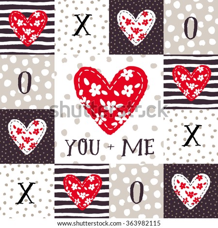 Valentines day big heart with message You plus me. Square patchwork background with hearts. Vector seamless pattern in the rustic style. Beige, brown, red and white colors.