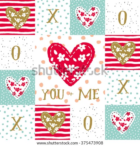 Valentines day big heart with message You plus me. Square patchwork background with hearts. Vector seamless pattern. Red, mint, gold and white colors.

