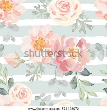 Pale pink roses and peonies with gray leaves on the striped background. Vector seamless pattern. Romantic garden flowers illustration. Faded colors.