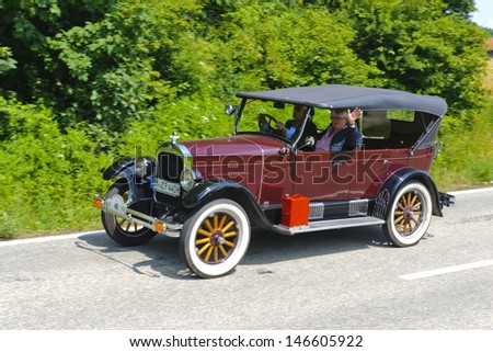 LANDSBERG, GERMANY - JULY 13: Oldtimer rallye for at least 80 years old antique cars with Durant Rugby R6 Tourer, built at year 1926, photo taken on July 13, 2013 in Landsberg, Germany