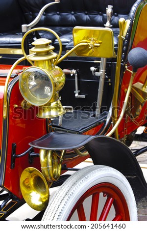LANDSBERG, GERMANY - JULY 12, 2014: Public oldtimer rally in Bavarian city Landsberg for at least 80 years old veteran cars with a detail view of an antique car