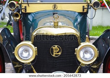 LANDSBERG, GERMANY - JULY 12, 2014: Public oldtimer rally in Bavarian city Landsberg for at least 80 years old veteran cars with a front view of Panhard X19, built at year 1913