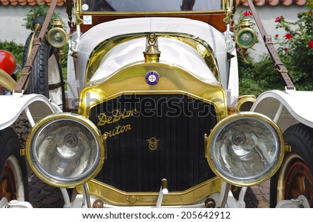 LANDSBERG, GERMANY - JULY 12, 2014: Public oldtimer rally in Bavarian city Landsberg for at least 80 years old veteran cars with a front view of De Dion Bouton, built at year 1912