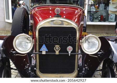 LANDSBERG, GERMANY - JULY 12, 2014: Public oldtimer rally in Bavarian city Landsberg for at least 80 years old veteran cars with a front view of Sunbeam 25 HP, built at year 1926