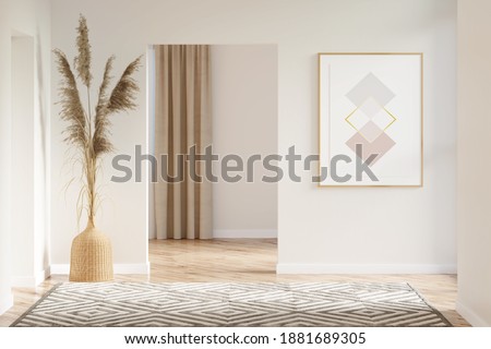 Interior of a beige hall with a vertical poster, pampas grass in a wicker vase between doorways, a carpet on a parquet floor, overlooking a room with a window. 3d render