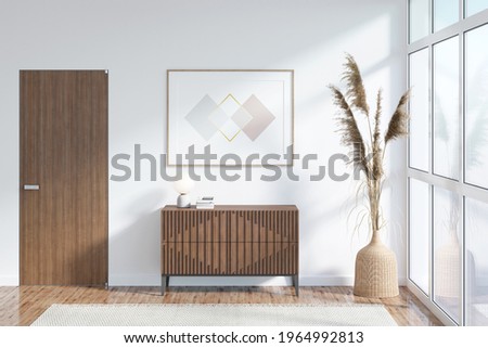 A sunny room with a horizontal poster over a wooden curbstone, a wooden door, a large stained glass window, pampas grass in a basket, a carpet on a parquet floor. Front view. 3d render
