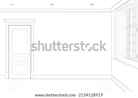 A sketch of the modern-classic empty room without furniture with a blank wall between a  classical door and window without curtains, parquet floor. Front view. 3d render Stockfoto © 