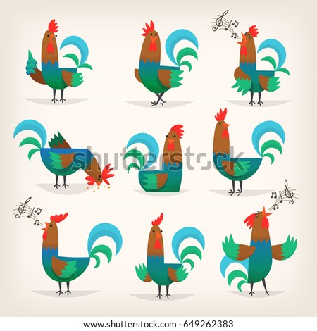 Rooster character from many fairy tales for children. Male chicken in different poses for greeting cards or posters in child's room