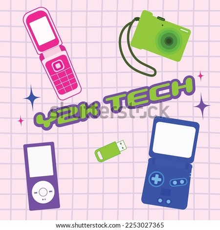 Y2K Technology Including Flip Phone, Clamshell Phone, Digital Camera, MP3 Player, USB Stick, and Portable Gaming Console on a Light Pink and Purple Striped Background