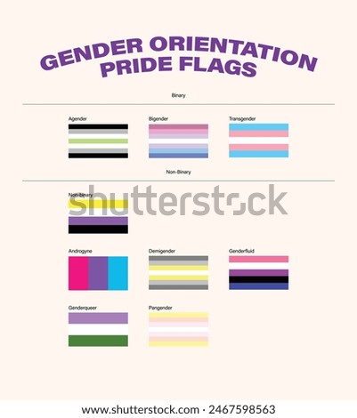 Gender Orientation Pride Flags including Agender, Androgyne, Bigender, Demigender Non-Binary (Enby), Androgyne, Demigender, Genderfluid, Genderqueer, and Pangender