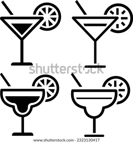 Drinks glass vector icon set. Margarita cocktail icon collection. Cocktail margarita glass with lime slice. Line and flat icon. wine glass. Bar symbol