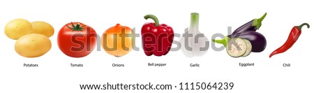 Colourful collection of vegetables on a white background in realistic style. Tomato, garlic, Bell pepper, potatoes, onions, eggplant, peppers. Sign, symbol, icon, logo. Vector eps10.