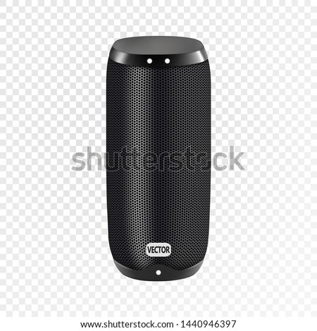 Vector realistic illustration of black portable speaker isolated on transparent background. Wireless audio device, smart electronic gadget for connection with smartphone to listen music