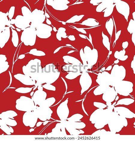 Abstract Hand Drawing Two Colors Victorian Baroque Flowers and Leaves Seamless Vector Pattern Isolated Background Seamless vector floral pattern in Hawaiian style with big flowers