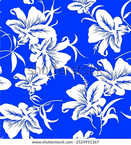 Floral seamless pattern, Meadow plants, leaf and flower . All over print. Botanical collage in modern flat style. Floral silhouettes. Blue and white print. Floral drawings collection. Two color flower