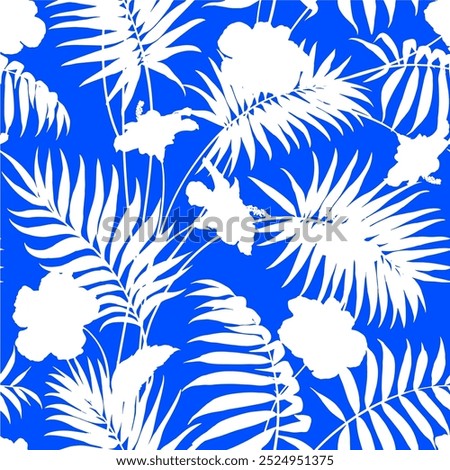 Floral seamless pattern, Meadow plants, leaf and flower . All over print. Botanical collage in modern flat style. Floral silhouettes. Blue and white print. Floral drawings collection. Two color flower