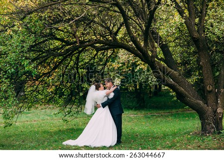 beautiful portrait of the bride and groom in the park