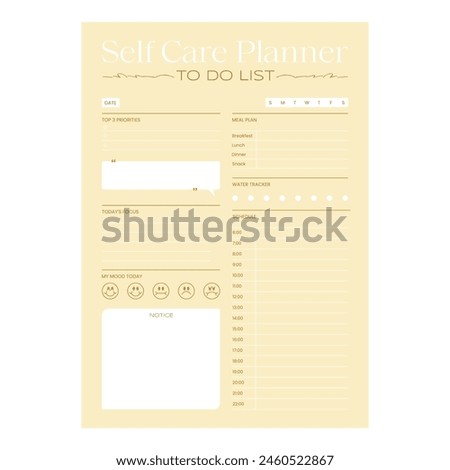 Template of self care journal for tracking your daily routine, mood , weekly and daily trackers, planner. Trendy colors, printable blank for organize taks and schedule, track goal progress, to do list