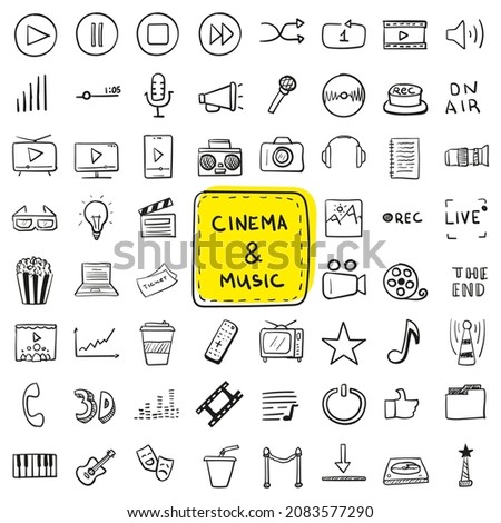 Hand drawn icon set cinema and music in doodle style isolated