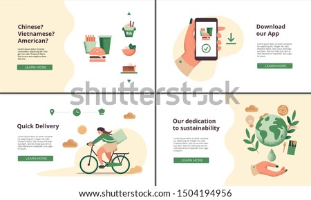 Set of web landing pages for restaurant or food delivery company, including illustrations for delivery, food options, app download and corporate social responsibility (CSR) concepts