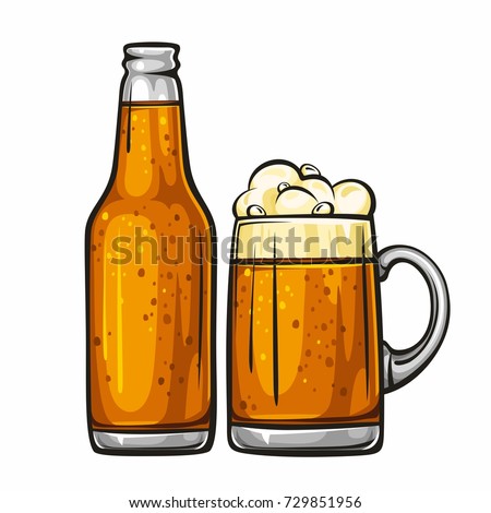 Vector colorful illustration of beer mug and glass bottle filled with beer. Beer bottle and glass of beer, isolated on white background 1.1