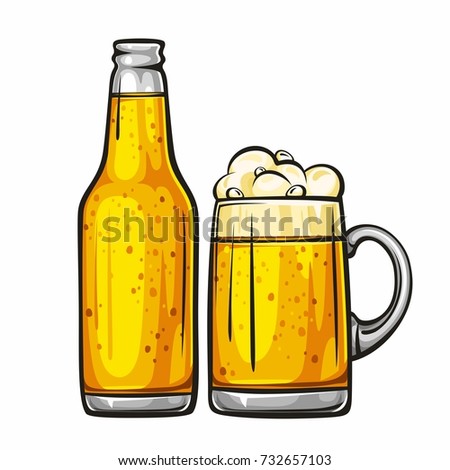 Vector colorful illustration of beer mug and glass bottle filled with light beer. Beer bottle and glass of beer, isolated on white background 1.1
