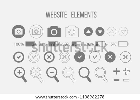 Web elements set. A set of icons for websites, applications, games. In this set, a camera, a magnifier, arrows down and up, a battery with different levels of charging, buttons and cancel. Vector.