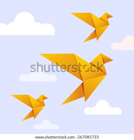 Flying origami yellow bird on blue background with white cloud for International Peace Day and Earth Day celebration. Bird can use logo or icon. Vector Origami Gold Bird. Paper Bird Flying on Heaven.