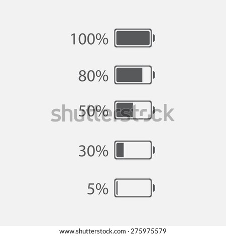 Five level energy in battery / cartoon vector and illustration. Icon discharged battery. Set of Battery charge showing stages of power running low and full, battery running low, battery recharging.