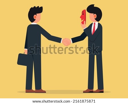 liar or suspicion fraud, betrayal or disguise deal. Businessman shaking hands with his partner hiding behind mask