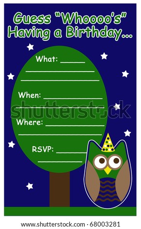 Owl themed boy birthday party invite in blue and green.