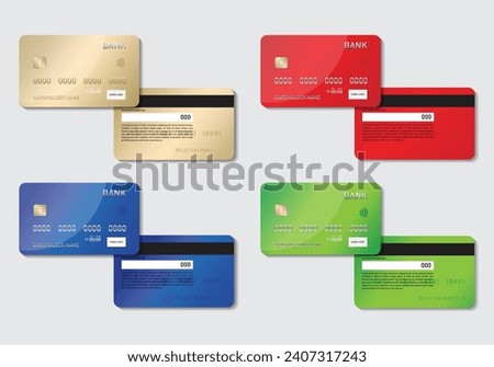 Isolated ATM Cards vector template on grey background. Mock-up set of debit or credit card. Front and Back views. vector illustration.