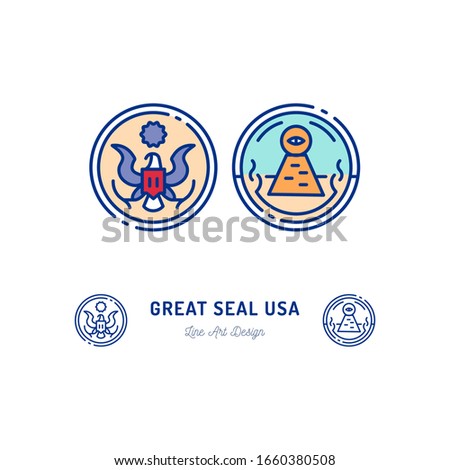 Great Seal of the United States line icon. Stylized linear icon, Obverse and reverse side of the Great Seal. Seal of the President of USA. Vector flat illustration