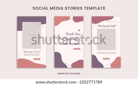Set of 3 Attractive Social Media Instagram Stories Design Template, Decorated with Square Frame and Purple Blob Object. Suitable for Advertising, Branding, Promotion Product Bakery, Cookie, Beauty