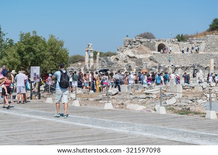 EPHESUS, TURKEY - SEP 15, 2015: Many tourists visit the City of Ephesus , Kusadasi Turkey