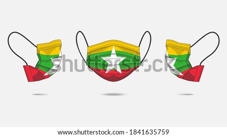 3D Vector illustration of medical face mask with Myanmar flag as design. Surgical mask with flag design to protect from Novel corona virus CoVid-19. Medical face for Corona virus outbreak.