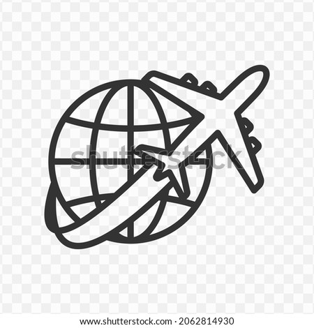 Vector illustration of around the world by plane icon in dark color and transparent background(png).